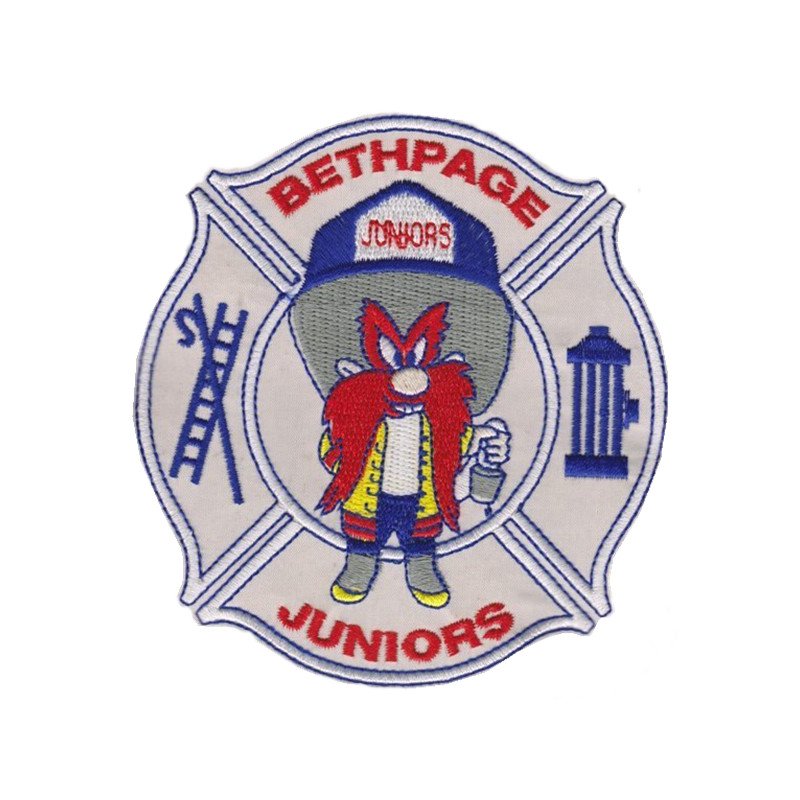 Bethpage Juniors fire department cartoon maltese cross patch embroidery digitizing sample
