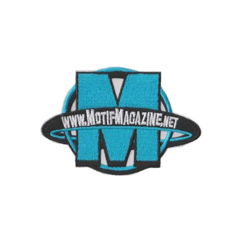 Motif Magazine circular monogram emblem digitizing sample, custom brand graphic converted to usable embroidery stitch files