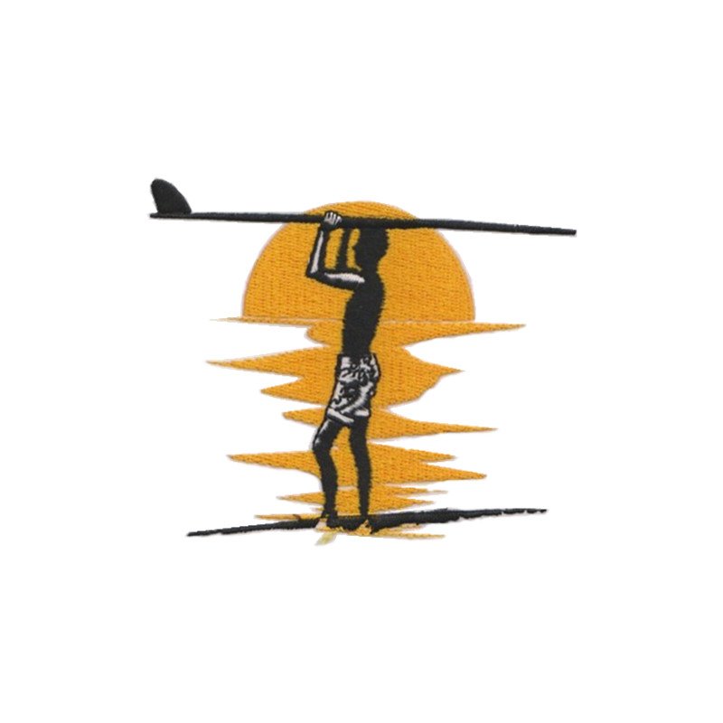 Sunset surfer silhouette outdoor graphic embroidery digitizing sample, coastal lifestyle artwork conversion