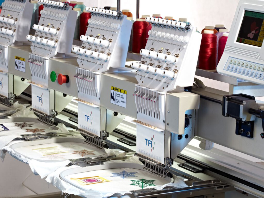 Home Commercial multi-head embroidery machine stitching production-ready custom patch designs.