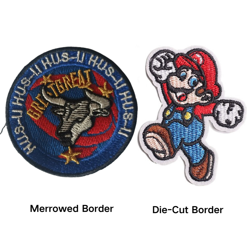Custom Patches Merrowed border round patch vs die-cut cartoon patch comparison